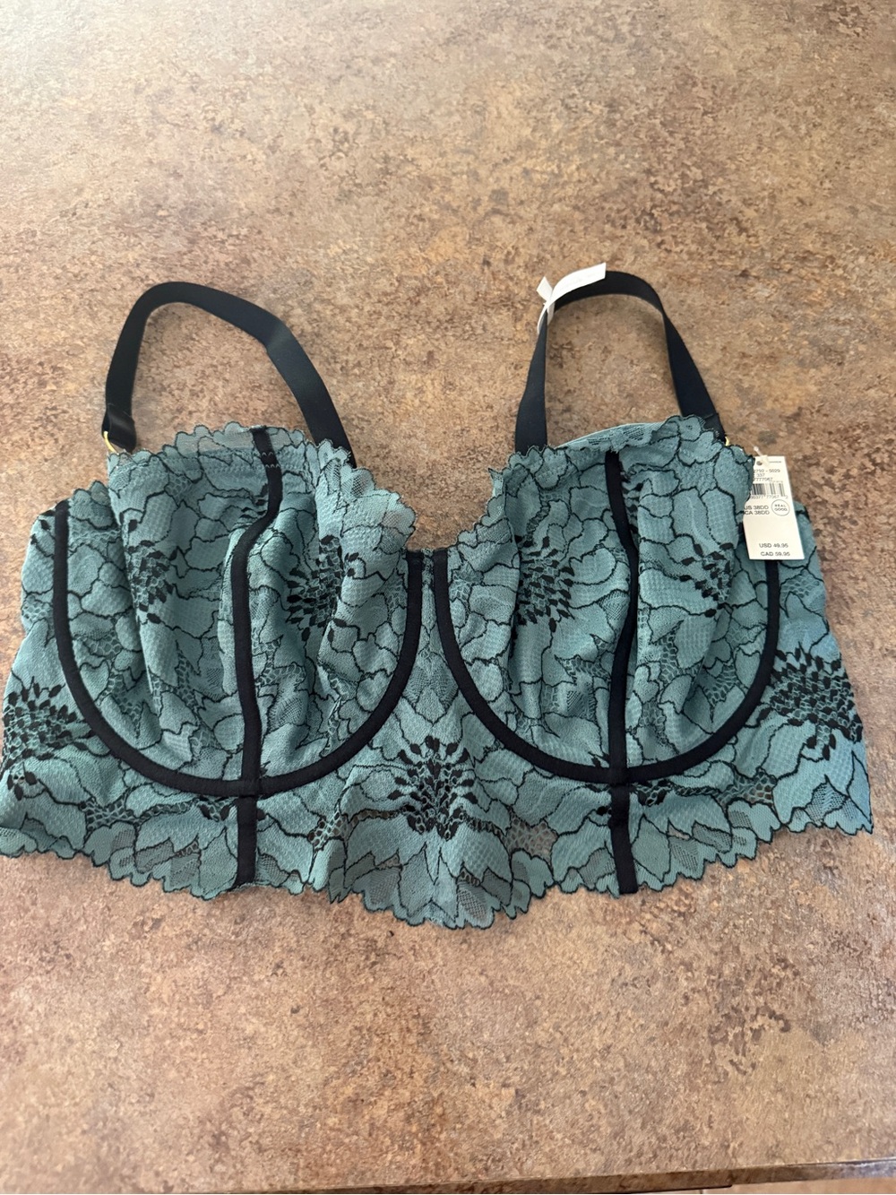 aerie Teal Lace Longline Underwire Bra with Black Trim